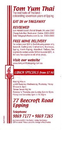Scanned takeaway menu for Tom Yum Thai