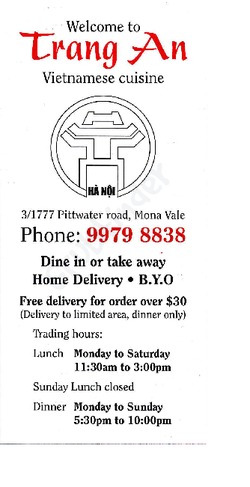 Scanned takeaway menu for Trang An Vietnamese