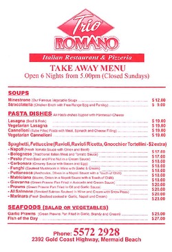Scanned takeaway menu for Trio Romano