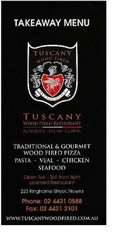 Scanned takeaway menu for Tuscany Wood Fired Restaurant