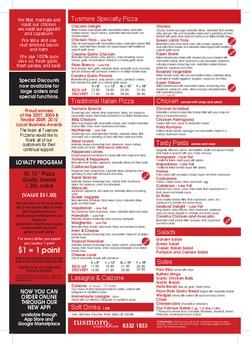 Scanned takeaway menu for Tusmore Pizzeria & Cafe