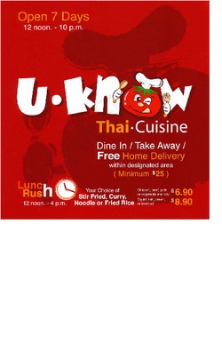 Scanned takeaway menu for U-Know Thai