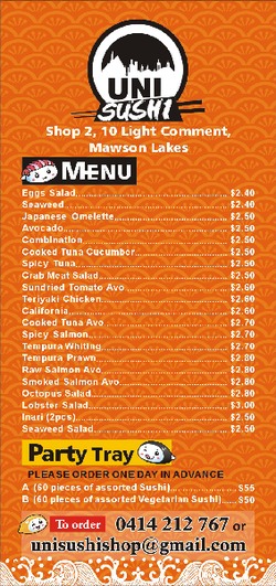 Scanned takeaway menu for Uni Sushi Shop
