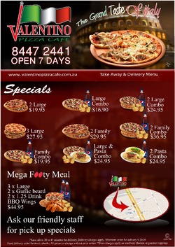 Scanned takeaway menu for Valentino Pizza Cafe