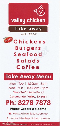 Scanned takeaway menu for Valley Chicken Takeaway – Closed