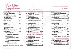 Scanned takeaway menu for Van Loc Vietnamese