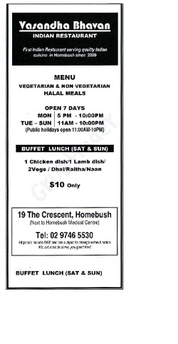 Scanned takeaway menu for Vasandha Bhavan Indian Restaurant