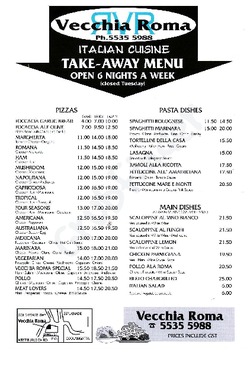 Scanned takeaway menu for Vecchia Roma Italian Restaurant