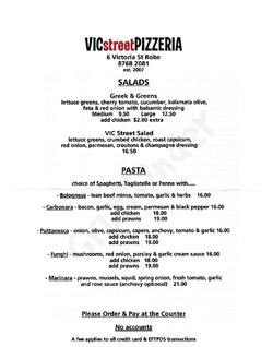 Scanned takeaway menu for VIC Street Pizzeria