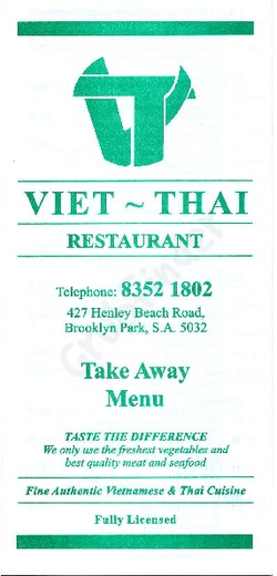 Scanned takeaway menu for Viet – Thai Restaurant