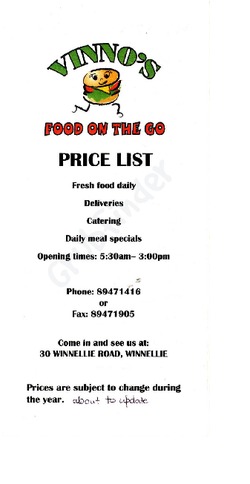 Scanned takeaway menu for Vinno’s Food On The Go