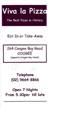 Scanned takeaway menu for Viva la Pizza
