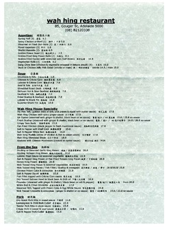 Scanned takeaway menu for Wah Hing Restaurant