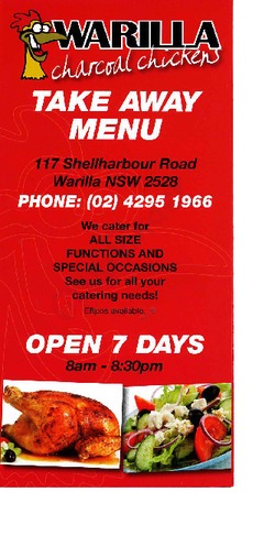 Scanned takeaway menu for Warilla Charcoal Chickens