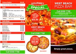 Scanned takeaway menu for West Beach Pizza Bar