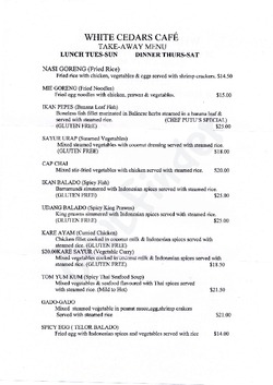 Scanned takeaway menu for White Cedars Cafe