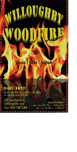 Scanned takeaway menu for Willoughby Woodfire Pizza & Kebab