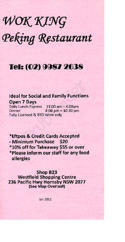Scanned takeaway menu for Wok King Peking Restaurant