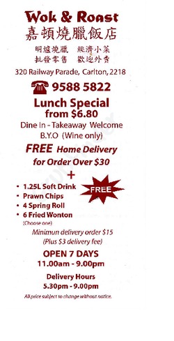 Scanned takeaway menu for Wok & Roast