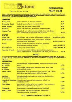 Scanned takeaway menu for Wood & Stone Wood Fired Pizza