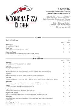 Scanned takeaway menu for Woonona Pizza Kitchen