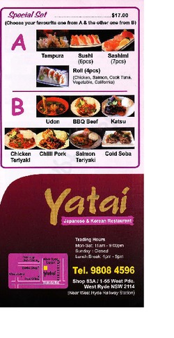 Scanned takeaway menu for Yatai Japanese & Korean