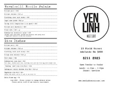 Scanned takeaway menu for Yen Linh – Adelaide