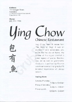 Scanned takeaway menu for Ying Chow Chinese Restaurant