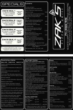Scanned takeaway menu for ZAK’S Pizza & Grill
