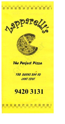 Scanned takeaway menu for Zapparelli’s Pizza Bar