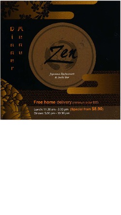 Scanned takeaway menu for Zen Japanese Restaurant