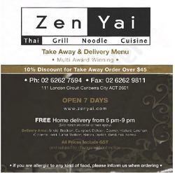Scanned takeaway menu for Zen Yai Thai – Closed