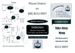 Scanned takeaway menu for Adelaide Pho