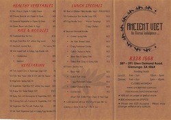Scanned takeaway menu for Ancient Viet