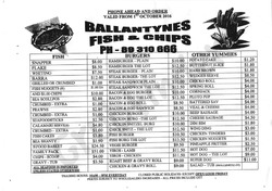 Scanned takeaway menu for Ballantynes Fish Chips