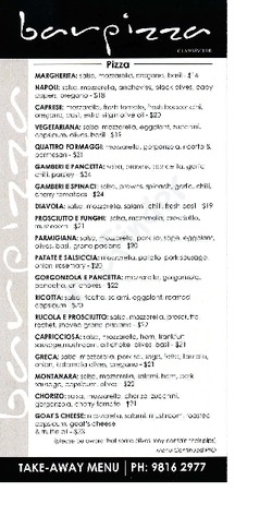 Scanned takeaway menu for barpizza Gladesville