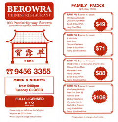 Scanned takeaway menu for Berowra Chinese Restaurant