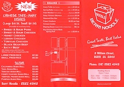 Scanned takeaway menu for Berri Noodle