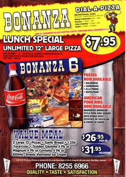 Scanned takeaway menu for Bonanza Dial-A-Pizza