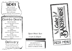Scanned takeaway menu for Caba Bakehouse and Pizza
