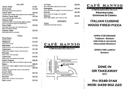 Scanned takeaway menu for Cafe Sannio Ristorante & Pizzeria