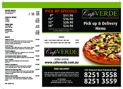 Scanned takeaway menu for Cafe Verde Pizzeria