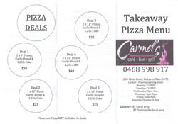 Scanned takeaway menu for Carmel’s Cafe Bar and Grill
