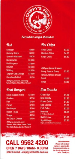 Scanned takeaway menu for Chippy’s Fish Cafe Brighton