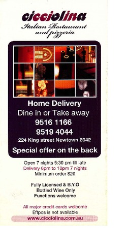 Scanned takeaway menu for Cicciolina Italian Restaurant