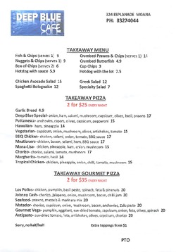 Scanned takeaway menu for Deep Blue Cafe