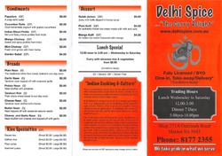 Scanned takeaway menu for Delhi Spice Indian Restaurant