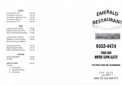 Scanned takeaway menu for Emerald Restaurant