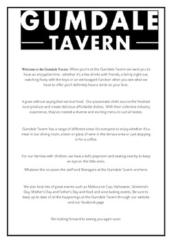Scanned takeaway menu for Gumdale Tavern Restaurant & Bar