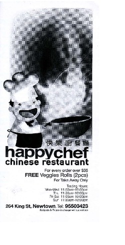 Scanned takeaway menu for Happy Chef Chinese Restaurant